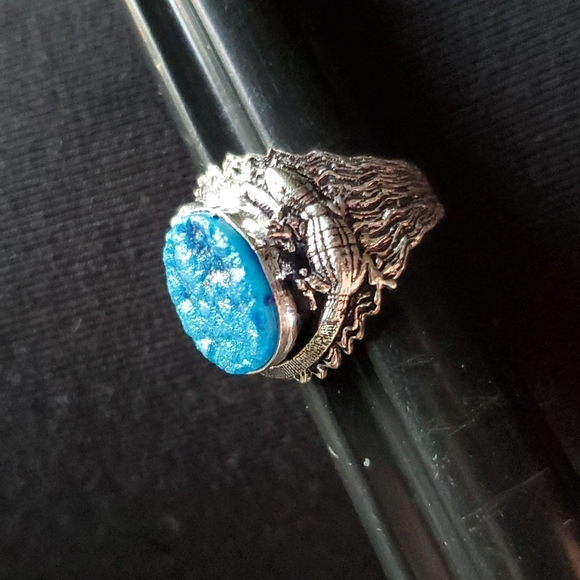New Unique Blue Titanium Druzy Lizard Silver Ring. - Picture 10 of 12